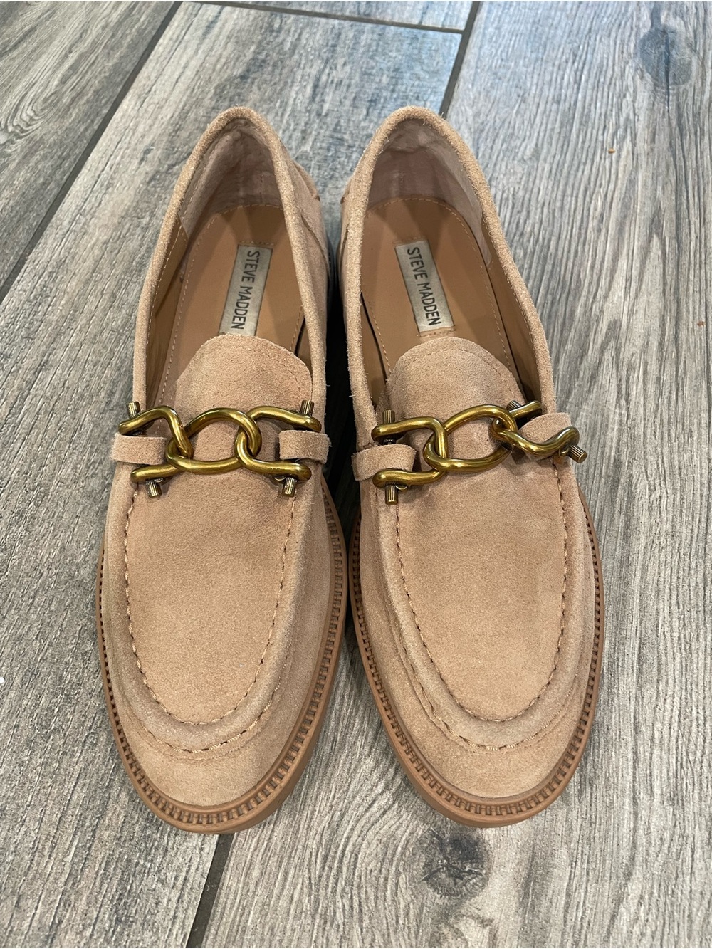 Steve Madden Tan Suede Loafers with Gold Chain Detail